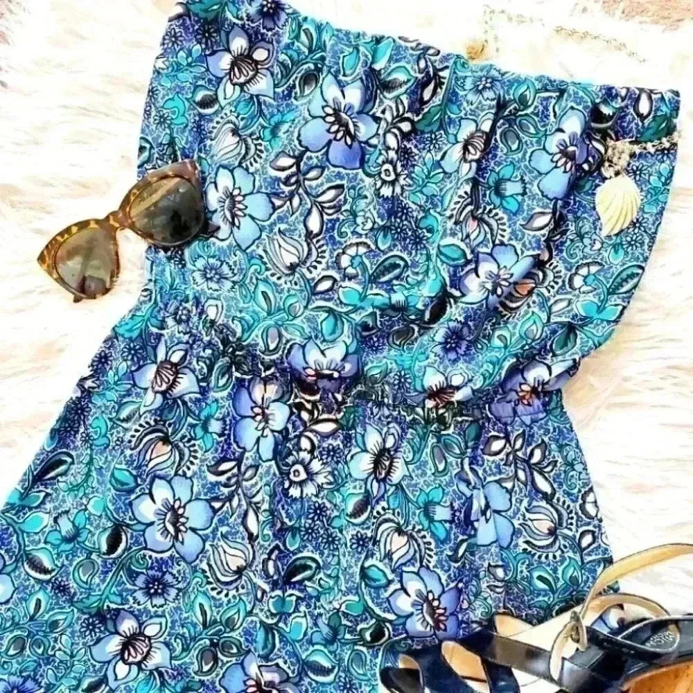 Express blue vine floral print mini strapless hi-lo dress size small petite